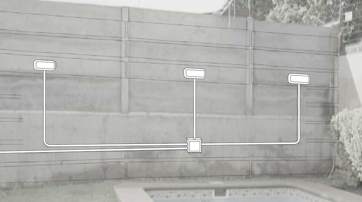 deck mural con 3 focos instalados más tuberías y caja de distribución