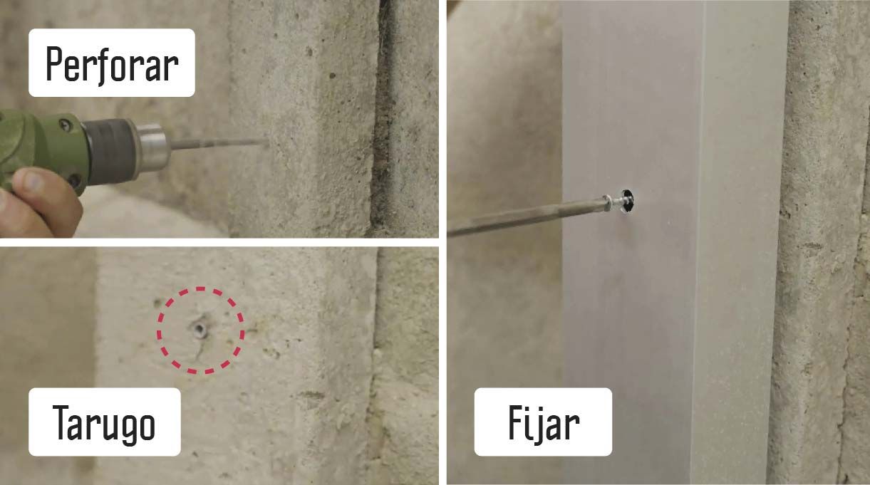 Taladro perforando muro, tarugo instalado en la pared y atornillando pilar de aluminio en el muro