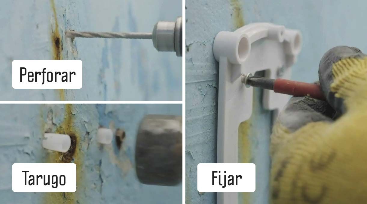 taladro perforando muro de la piscina, tarugo puestos en la pared y fijar los soportes para las luces de la piscina