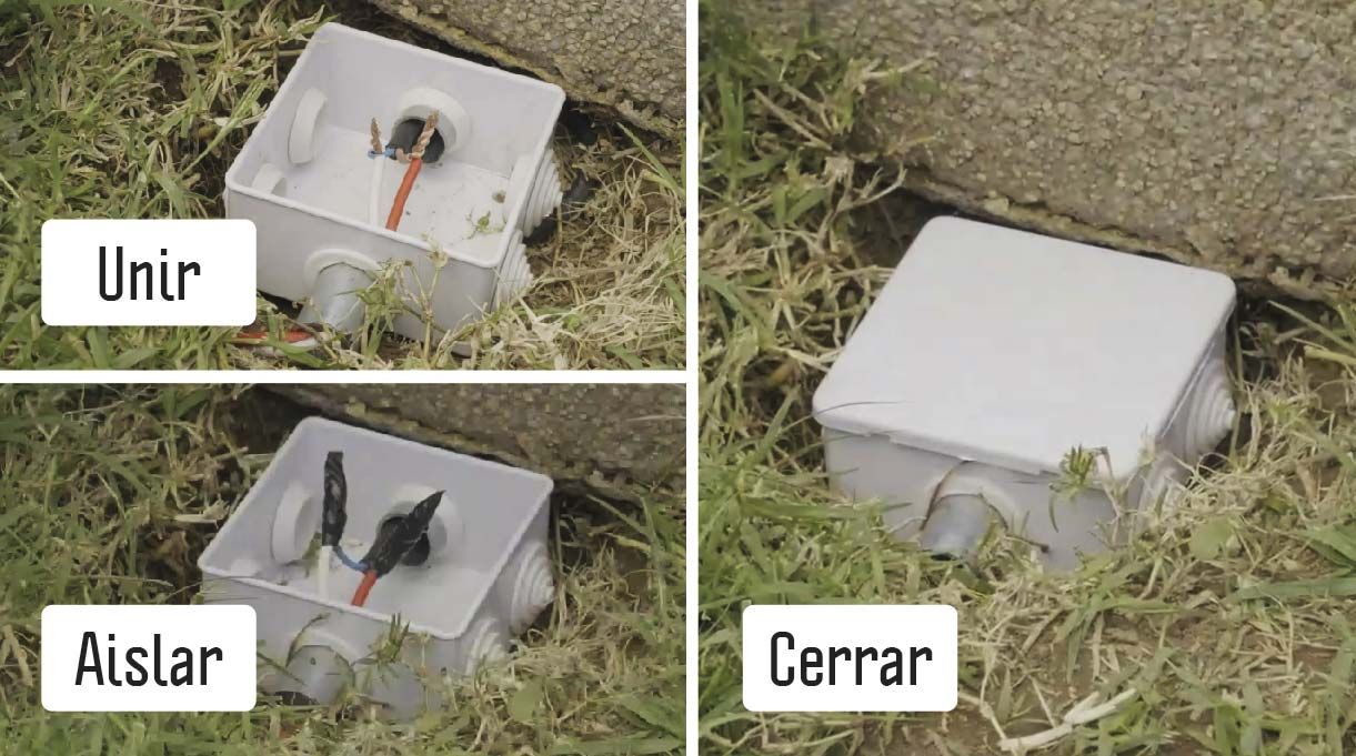 cables del foco unidos con los de electricidad con cinta de caucho en la caja estanca; huincha aisladora sobre la cinta de caucho; caja estanca cerrada