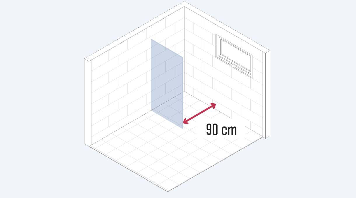 Imagen que muestra donde se instalará la mampara. Esta se pone a un ancho de 90 cm desde el muro de la ducha hasta ella, esto para tener un buen desplazamiento