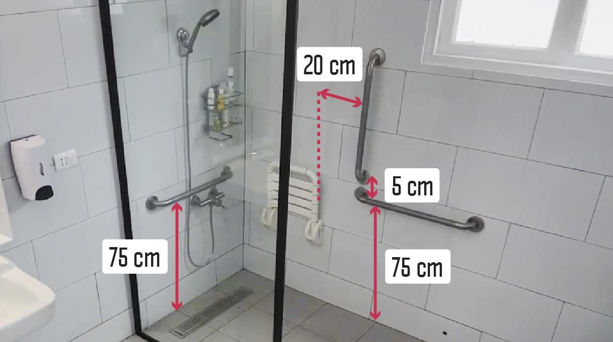 Imagen que muestra la instalación de tres barras de seguridad. Una bajo la ducha a 75 cm desde el piso en forma horizontal, una a 20 cm de la silla abatible a 75 cm desde el piso en forma horizontal y la última en forma vertical a 5 cm sobre la anterior.