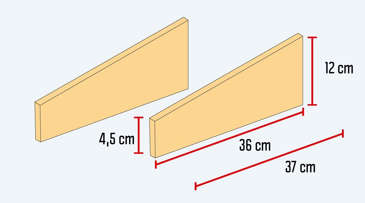 Gráfica de soportes mesón y sus medidas. Son dos triángulos de 36 cm de base, con una altura de 12 cm por un lado y 4,5 cm por el otro lado.