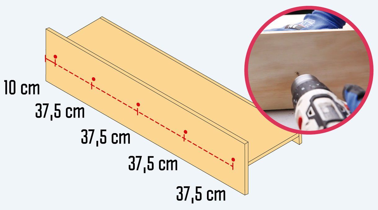Gráfica de posición de primer tornillo, que se coloca a 10 cm del borde y luego los otros a 37,5 cm.