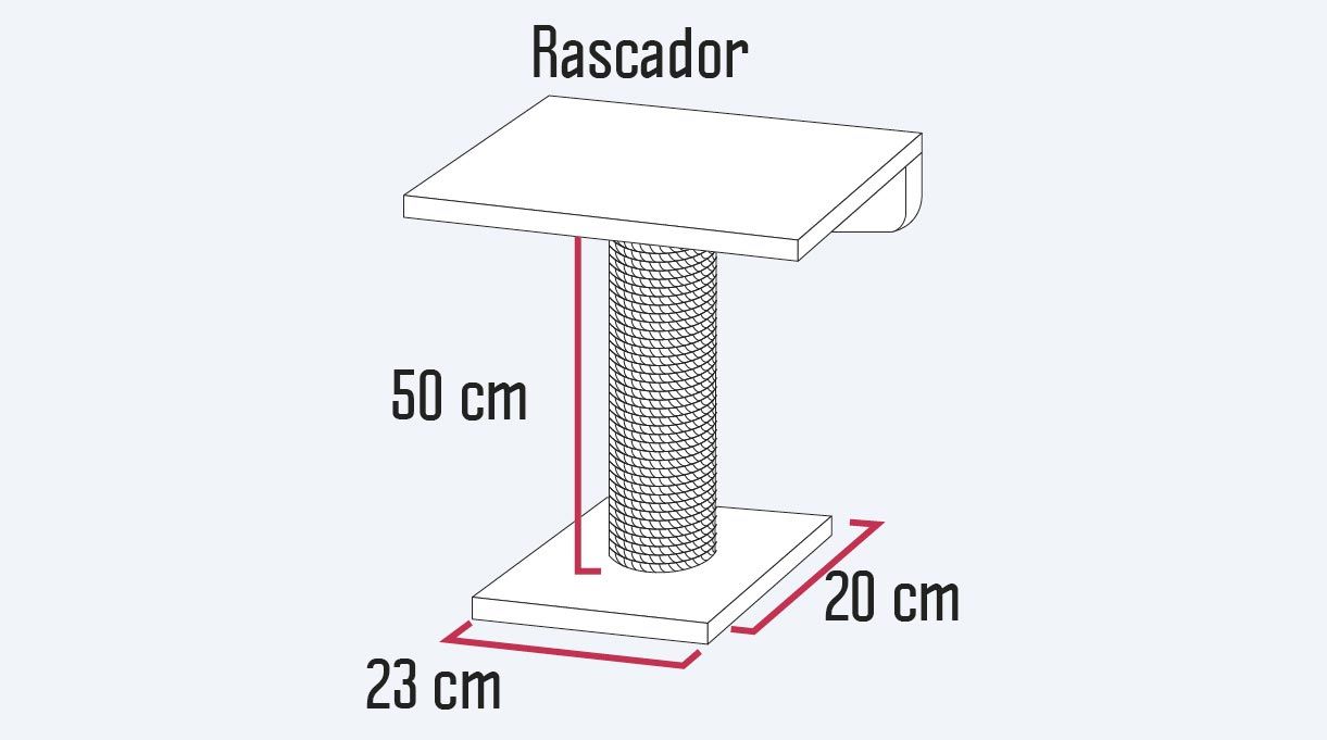 El rascador consta de tres partes. La base de 23 x 20 cm, el polín de 50 cm y una repisa superior.