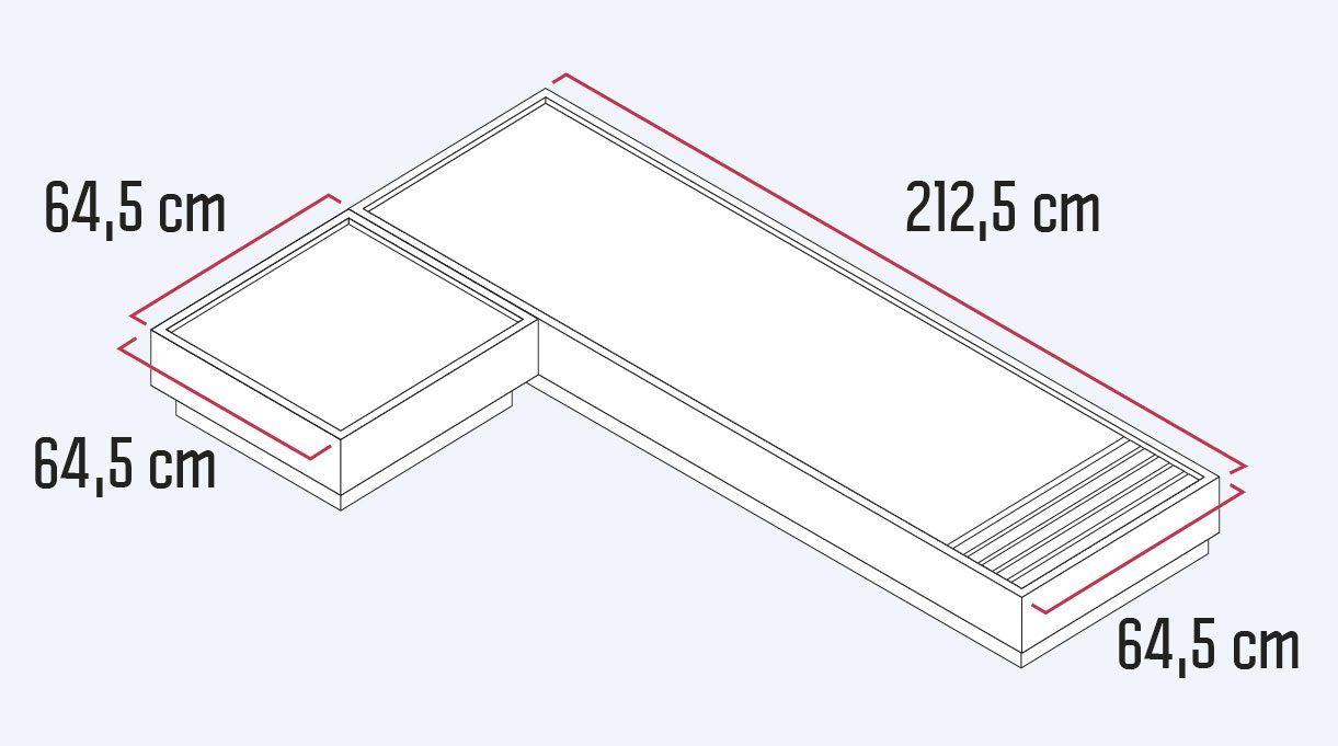 Grafica del espacio: El sillón más alargado es de 212,5 cm x 64,5 cm; y el sillón más corto es de 64,5 cm x 64,5 cm.