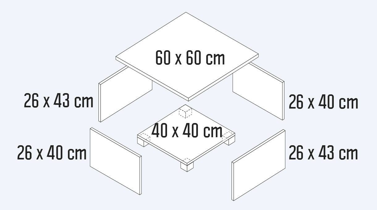 Gráfica de 1 trozo de terciado de 60 x 60 cm, 2 trozos de 26 x 40 cm y 2 trozos de 43 x 26 cm.