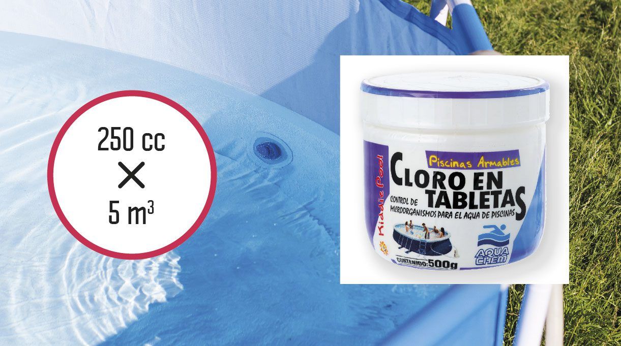 Dosis cloro en tabletas: 250 cc x 5 m3