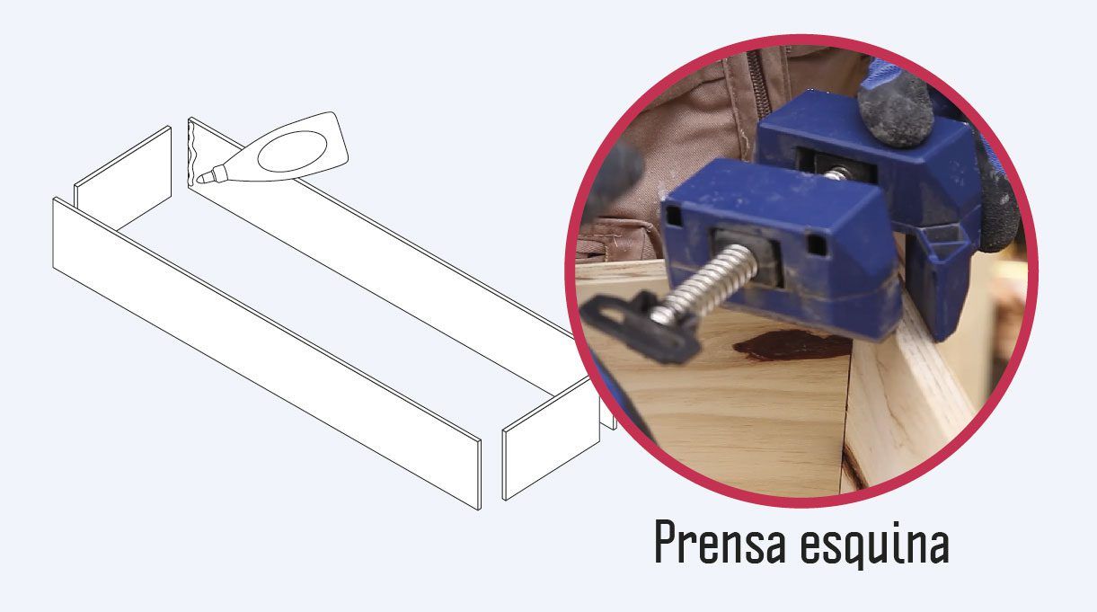 Ubica cada una de las caras del cajón y aplica cola fría. Presiona las uniones con una prensa esquina.
