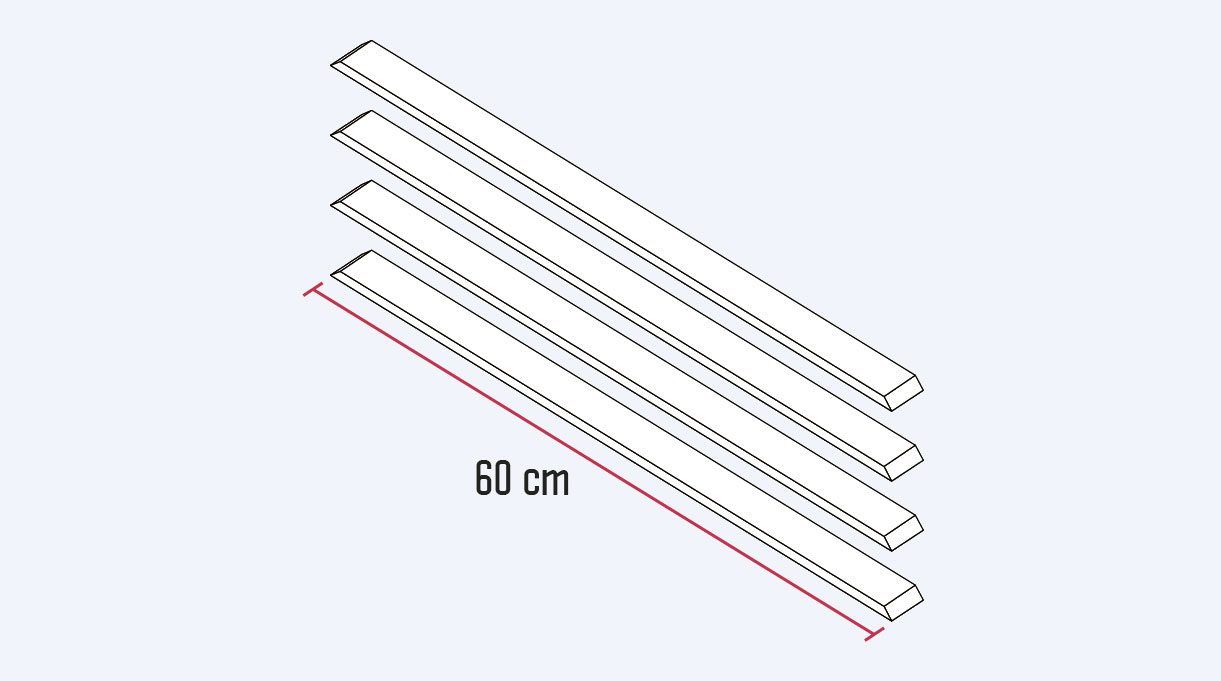 4 trozos de listones de 4,5 cm por 60 cm de largo.