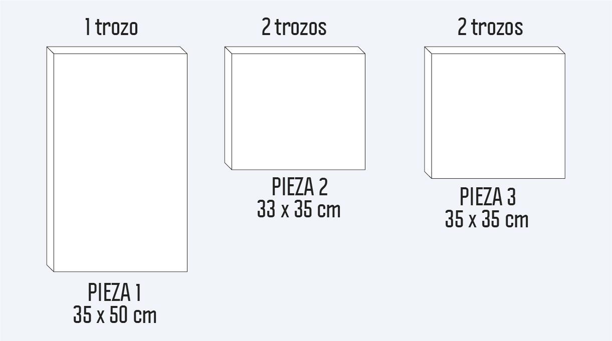 1 trozo de 35 x 50 cm, 2 trozos de 33 x 35 cm y 2 trozos de 35 x 35 cm