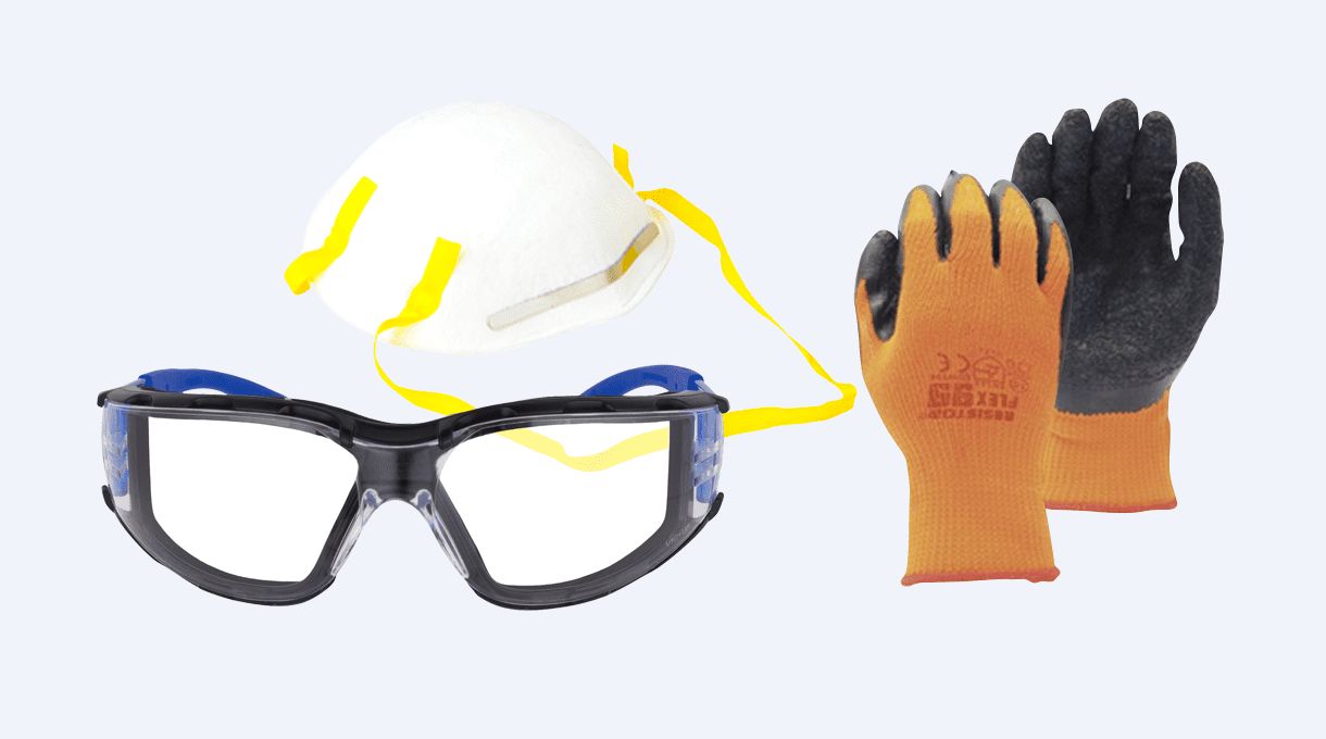 Mascarilla, lentes de seguridad y guantes.