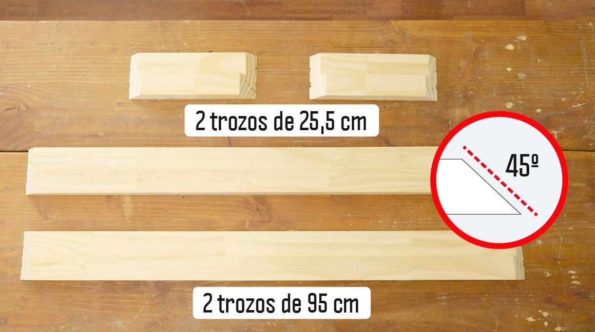 Dos cortes de 95 cm y dos de 25,5 cm, todos con sus bordes en 45°.