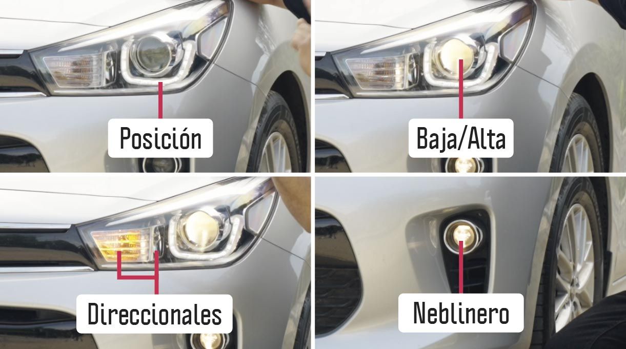 Diferentes luces de auto: Bajas, altas, direccionales, neblinero y de posición