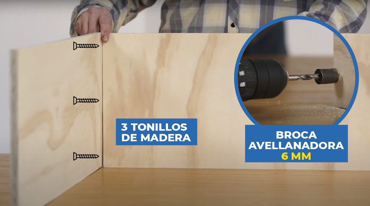 Posición tornillos de madera con broca avellanadora