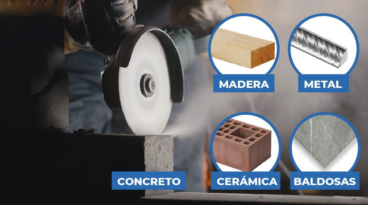 Distintos materiales para disco de corte - concreto, madera, metal, cerámica, baldosas