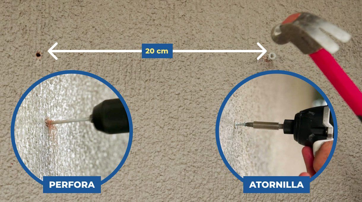 haz 2 perforaciones en el muro y coloca tarugos y tornillos