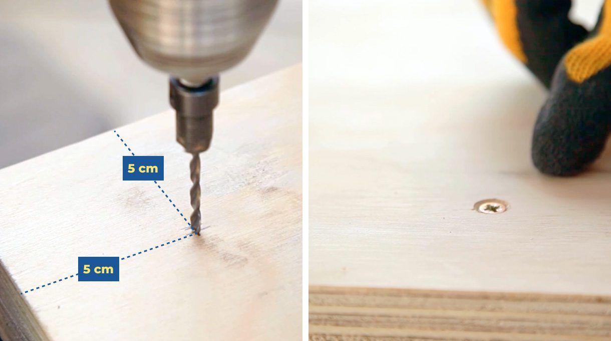 Ubicación de la perforación en las esquinas a 5 cm hacia el interior