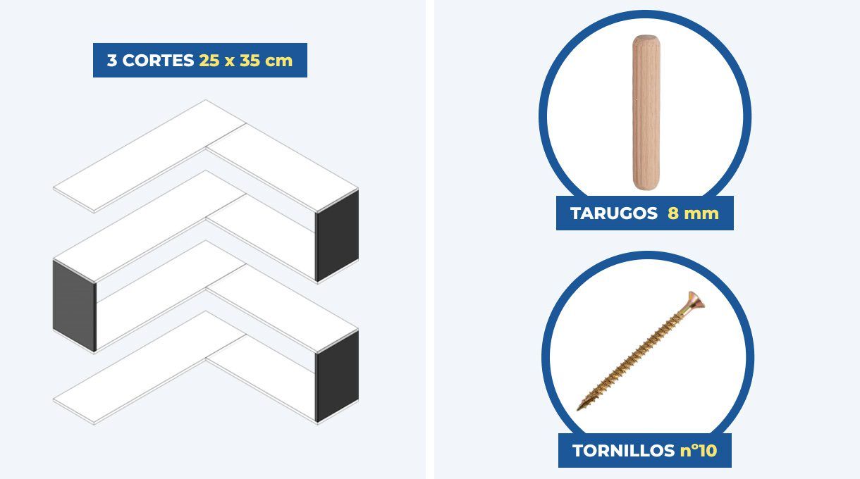Repisa en forma de S con especificación de cortes, tarugos de 8 mm y tornillos número 10.