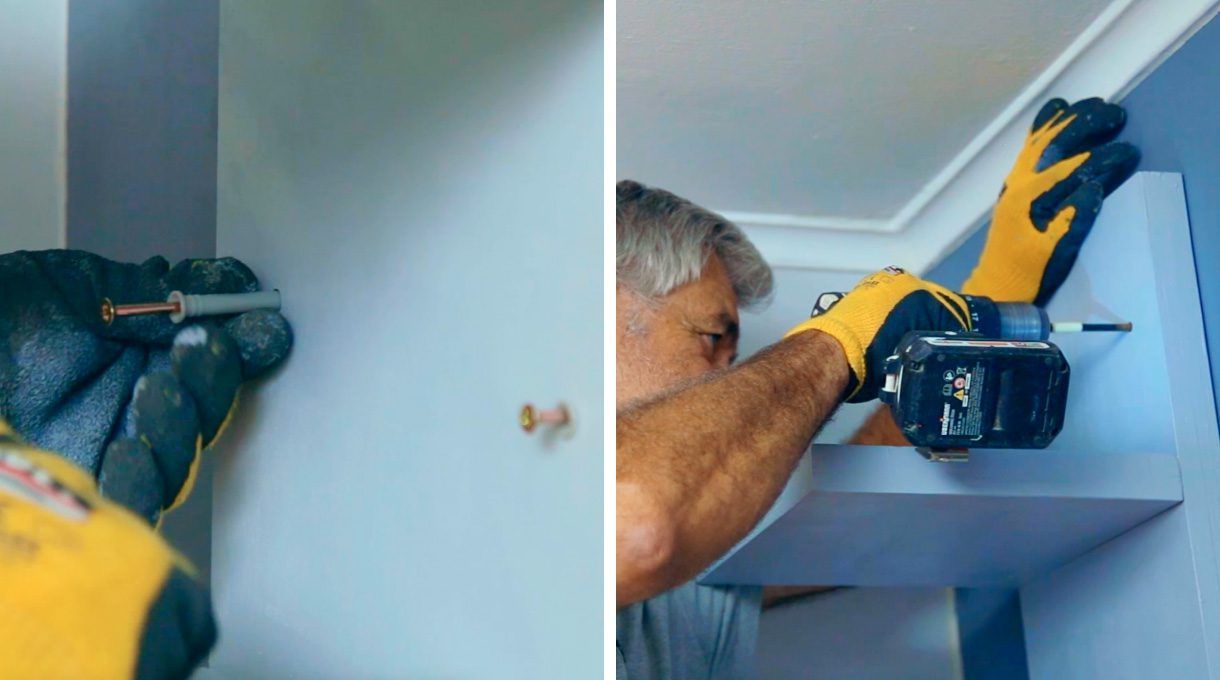 Se posicionan los tarugos clavo en las perforaciones y se atornillan al muro.
