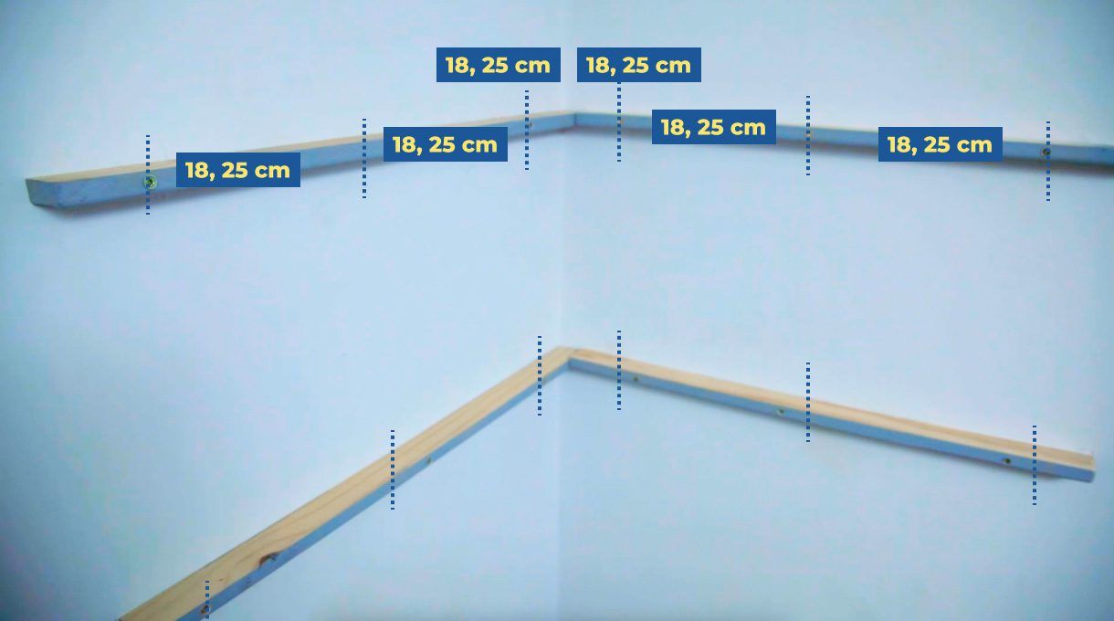 Ubicación de las perforaciones en los listones que van al muro como soportes de la repisa flotante.