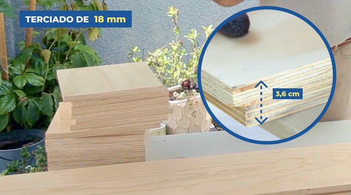 Trozos de terciado de 18 mm. Se muestra el grosor deseado al unir 2 trozos (3,6 mm)