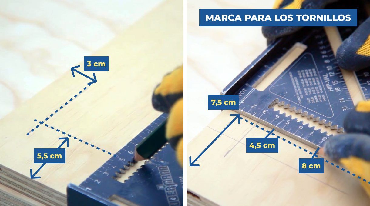 marca con la escuadra una línea a 3 y 5,5, 7,5 de los bordes, y para los tornillos a 4,5 y 8 cm