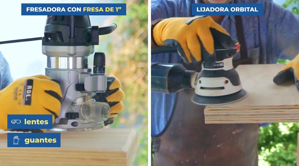 una la fresadora para rebajar los bordes de. la superficie y base, luego lija con lijadora orbital