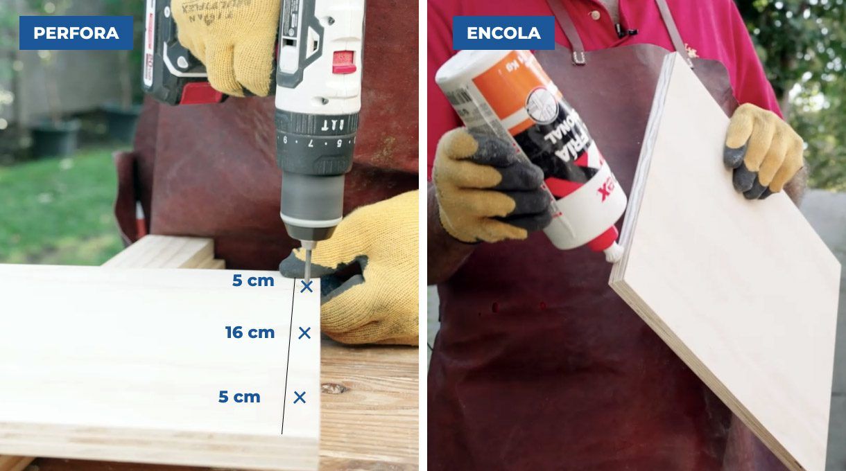 Perfora con taladro en las marcas y encola el canto de la división