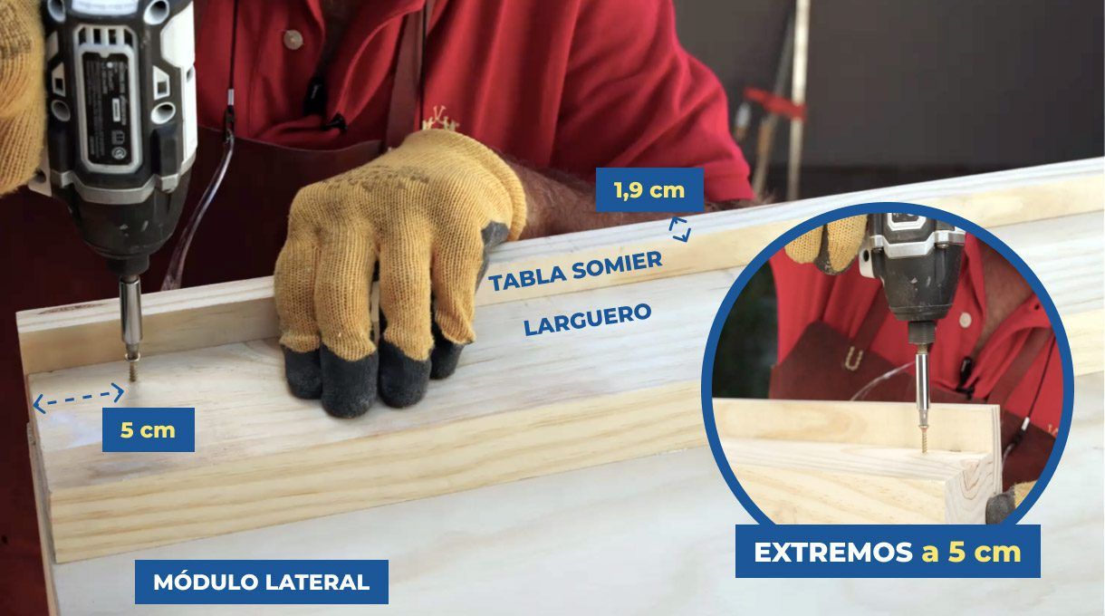 usa una tabla del somier para que te sirva de guía para fijar el larguero a 5 cm de los extremos