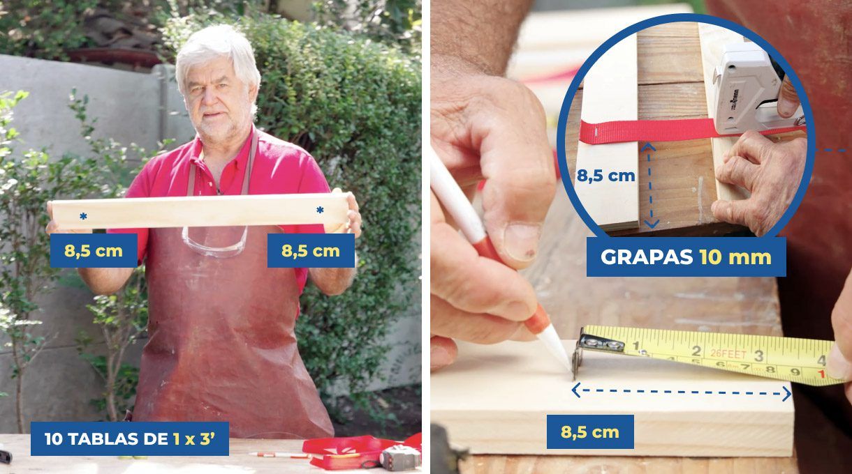 marca las tablas a 8,5 cm de los extremos y engrapa la cinta