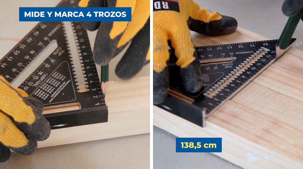 Marcado de los trozos de pino cepillado para corte