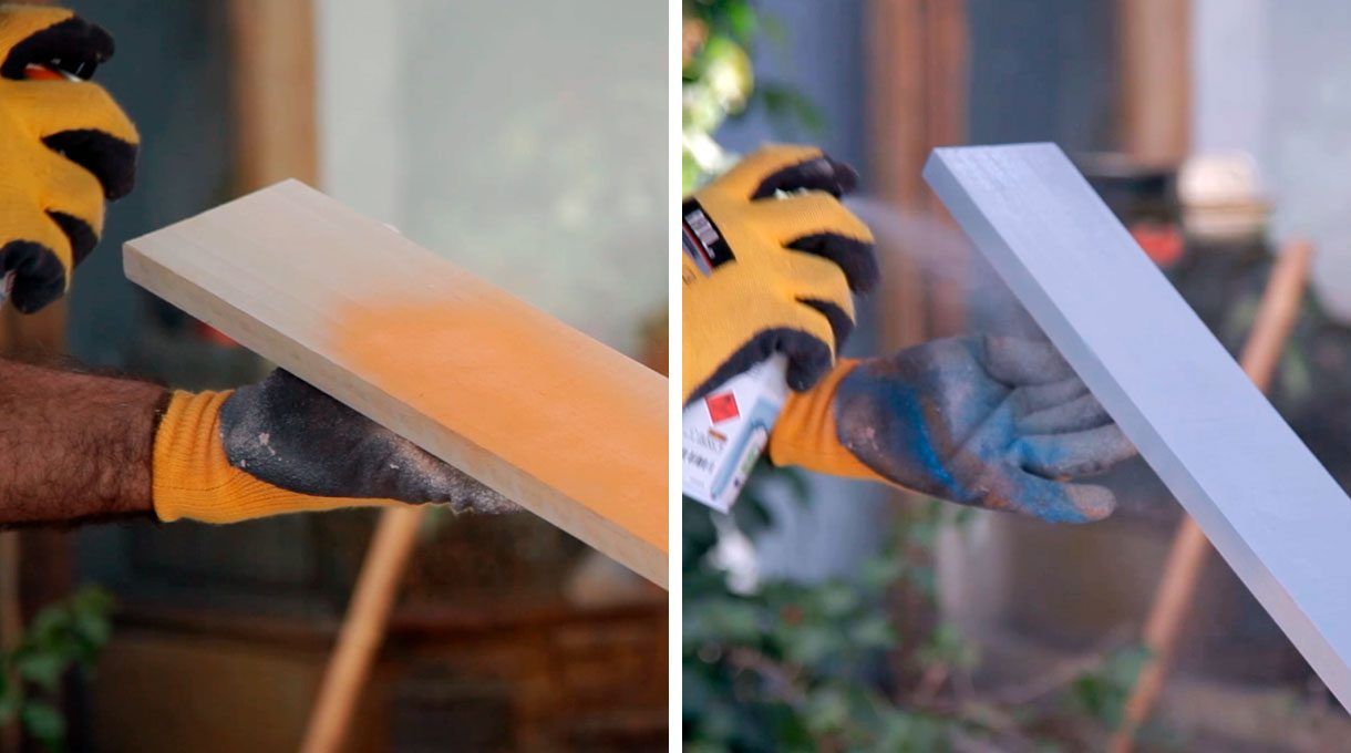Pintado con spray de cortes de madera para perchero.