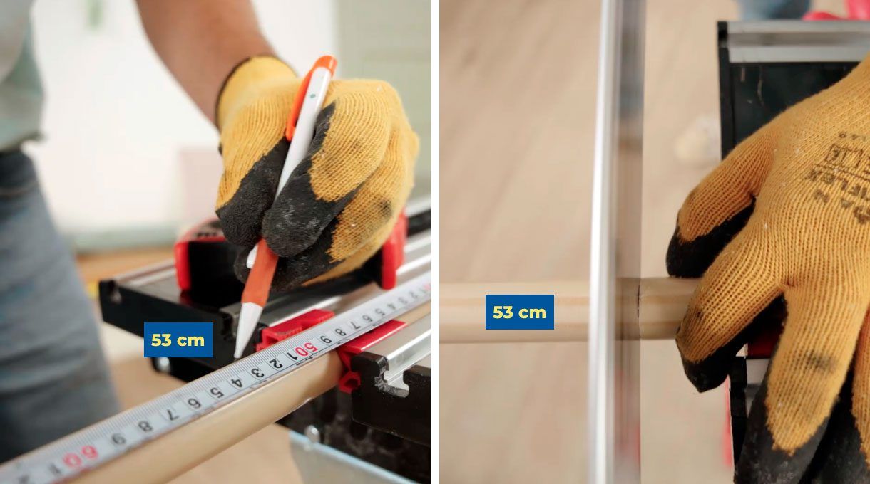 Medición y corte de la madera a 53 cm con serrucho.