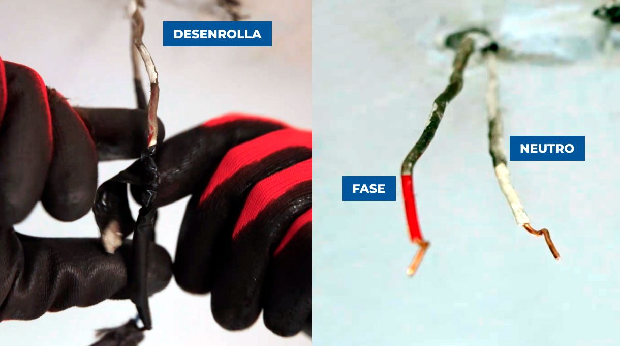 Desenrollado de los cables y exposición de cables fase y neutro