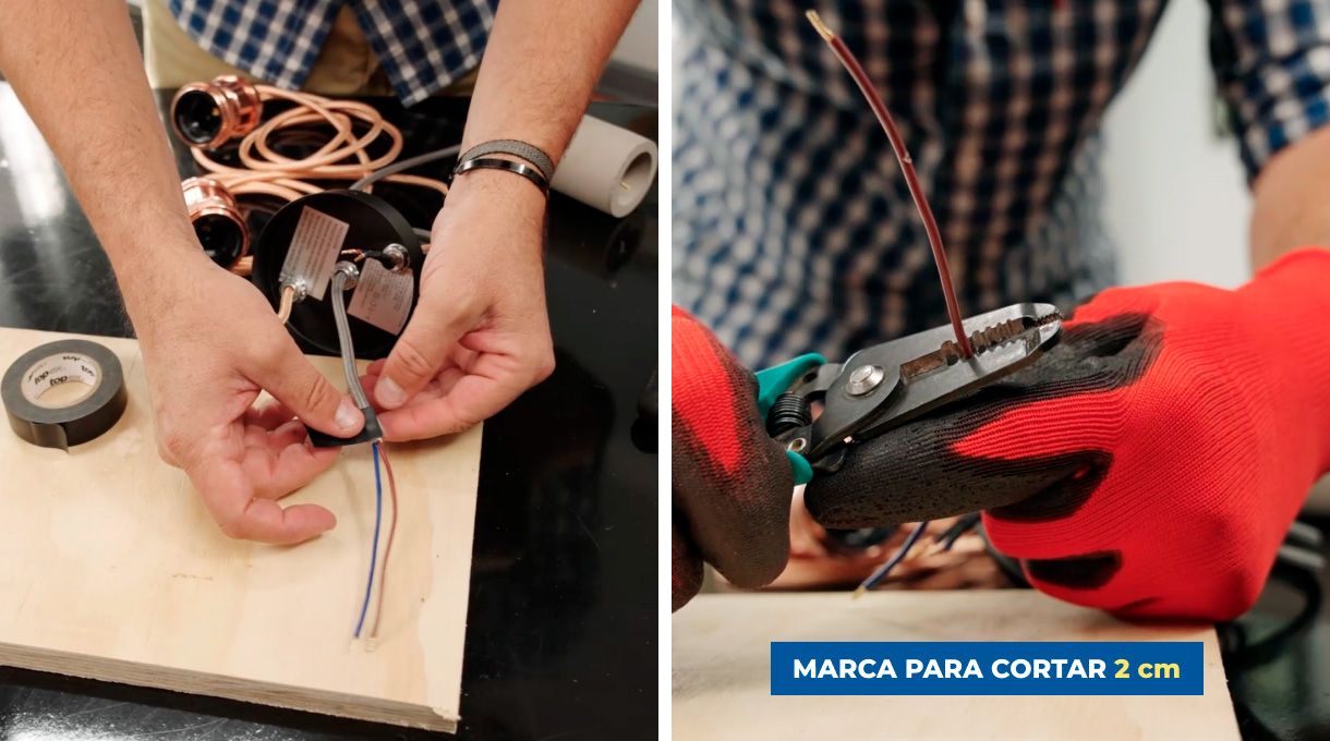 Tapar cables con huincha aislante y marcar 2 cm para cortar
