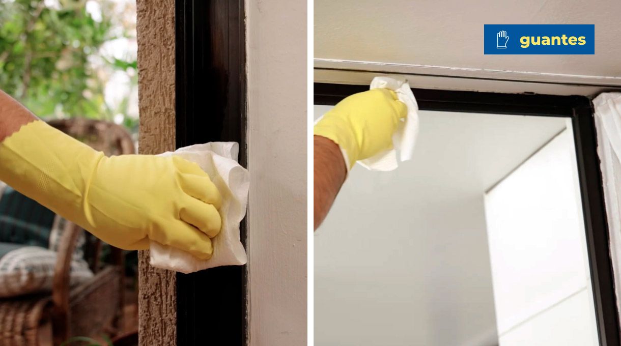 Uso de guantes de látex para limpiar ventanas con alcohol