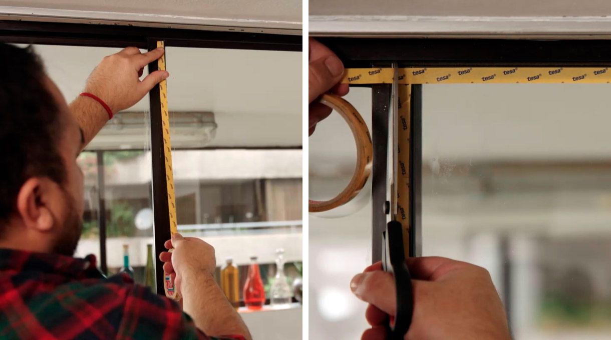 Pegado de cinta doble faz en el borde de la ventana para instalar aislante