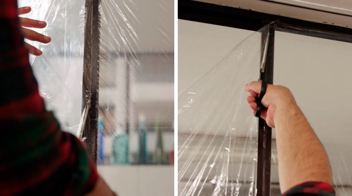 Corte del cobertor térmico con tijera de acuerdo a tamaño de ventana