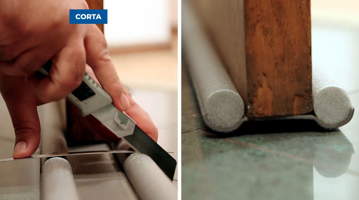 Corte con cuchillo cartonero de burlete flexible en puerta