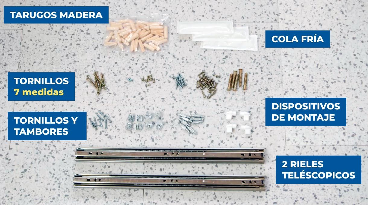 Fijaciones y accesorios para armado de mueble de cocina