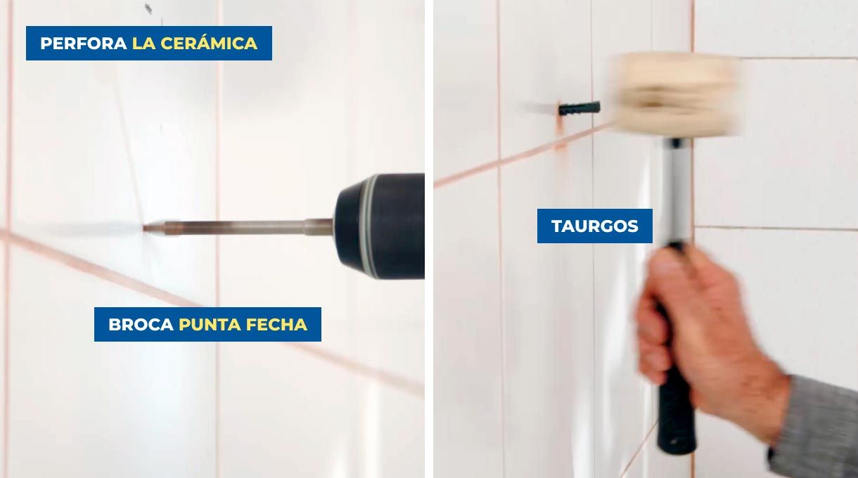Perforación y tarugos para fijación de mueble de muro