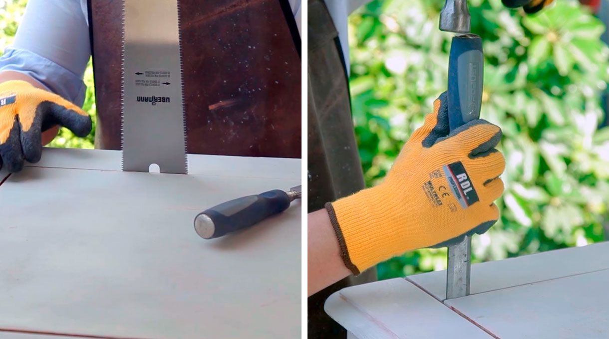 Uso de un formón y martillo para terminar de retirar la superficie de la mesa de centro