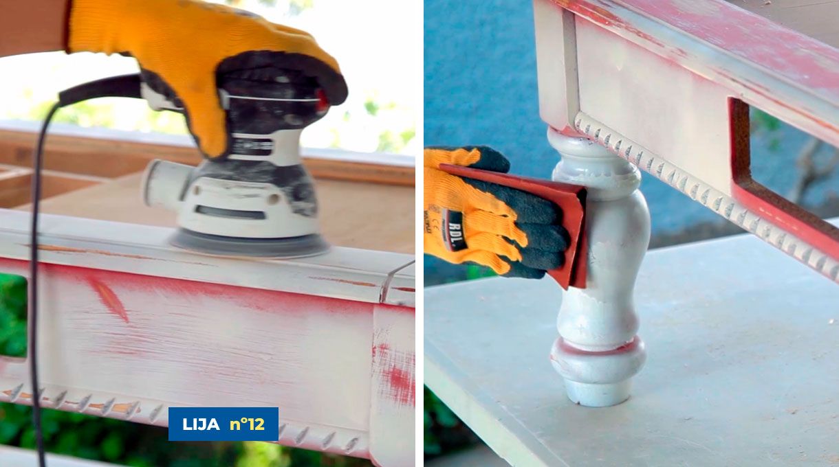 Lijado de la mesa de centro para renovación con porcelanato