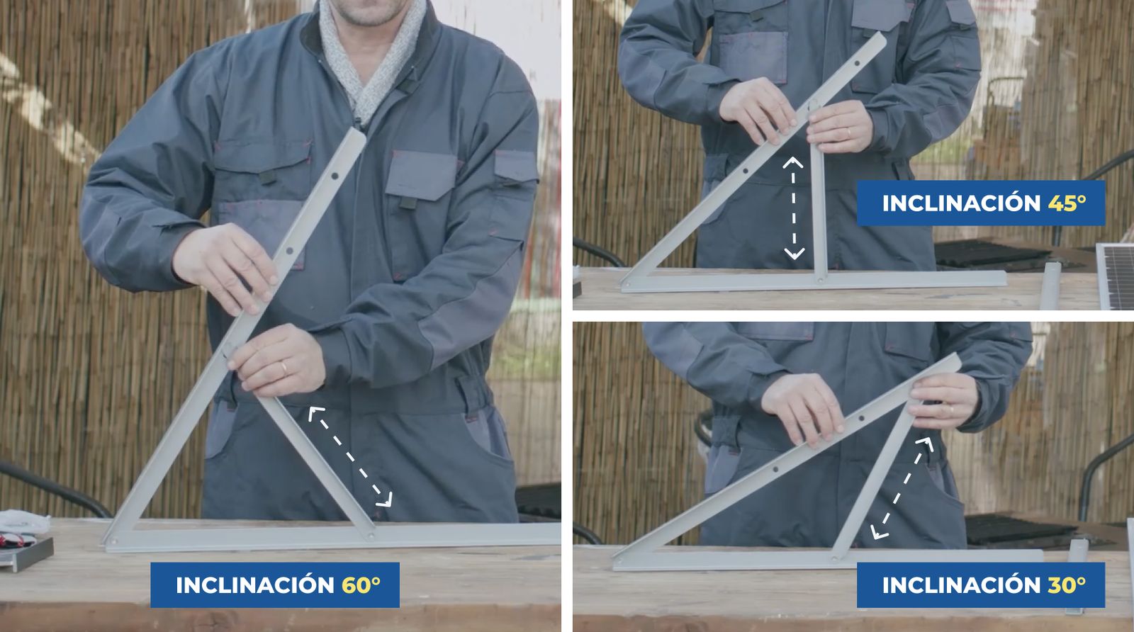Inclinaciones de los triángulos de montaje para instalar un panel solar