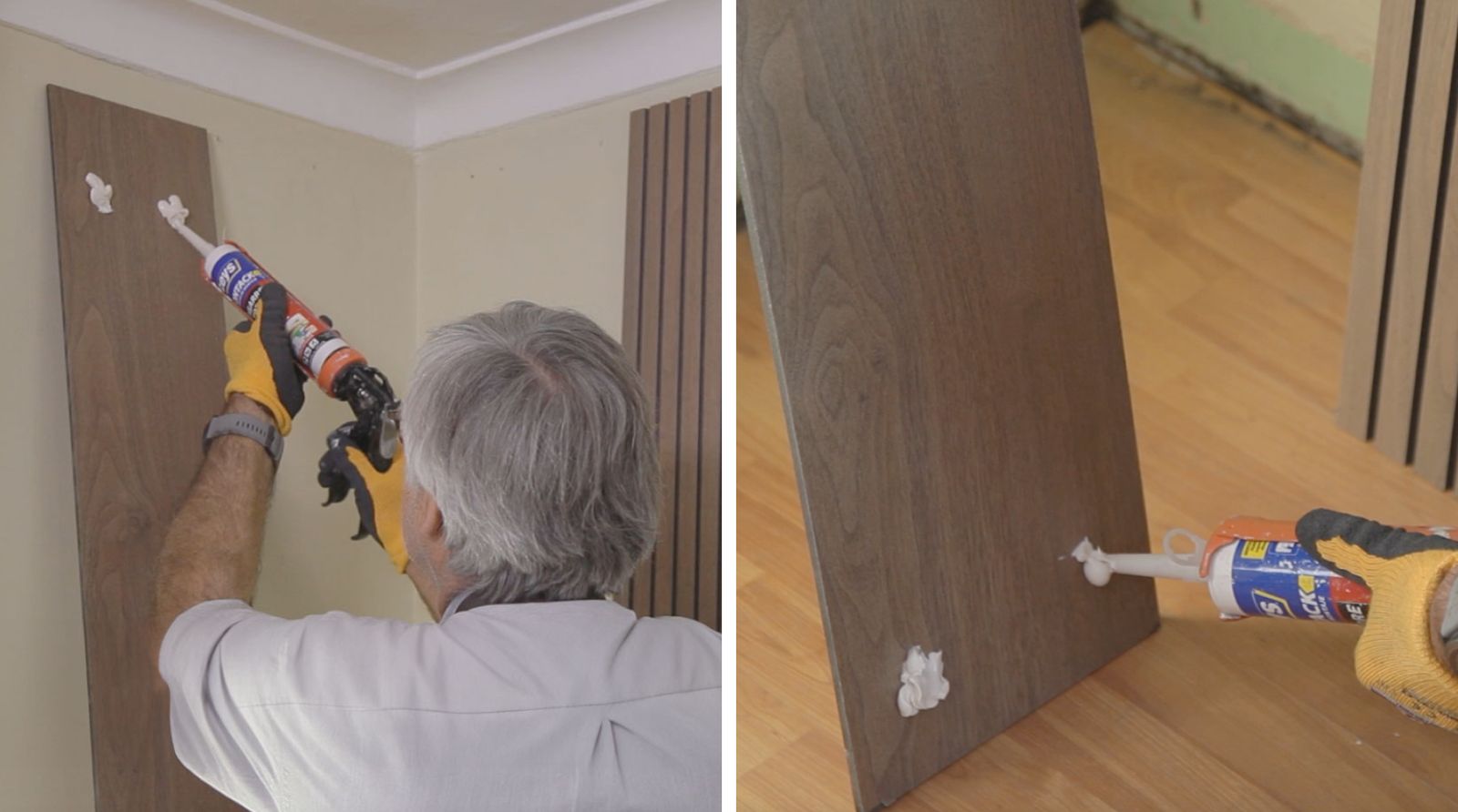 Aplicación de adhesivo de montaje para pegar revestimiento de madera