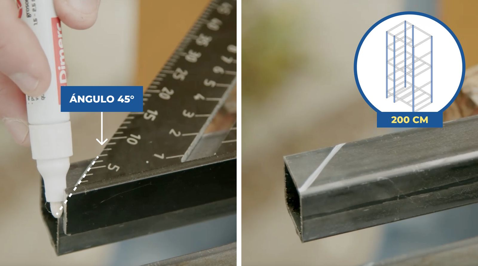 Ángulo en 45° para corte de perfil metálico para mueble de lavandería