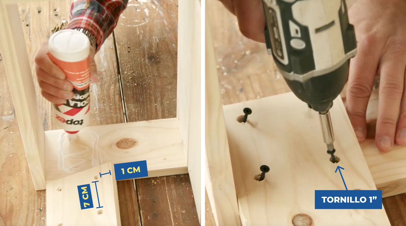 Fijación de trozos de 1 x 5" de canto en banco de madera