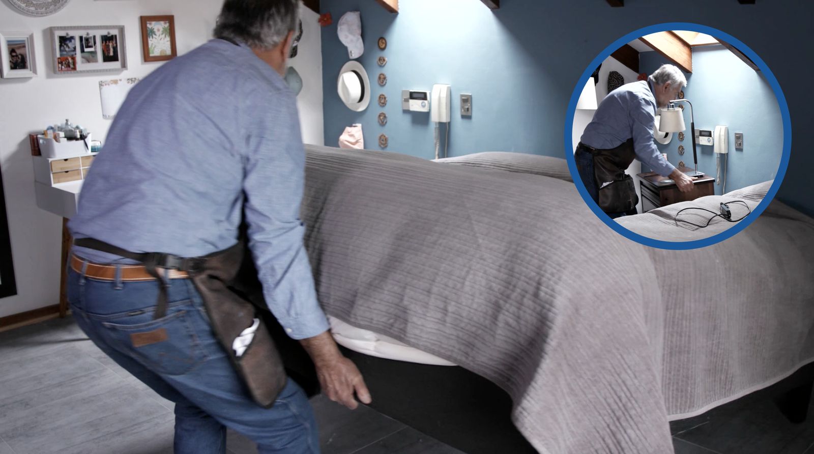Una persona retira la cama de la pieza para pintar el mural decorativo
