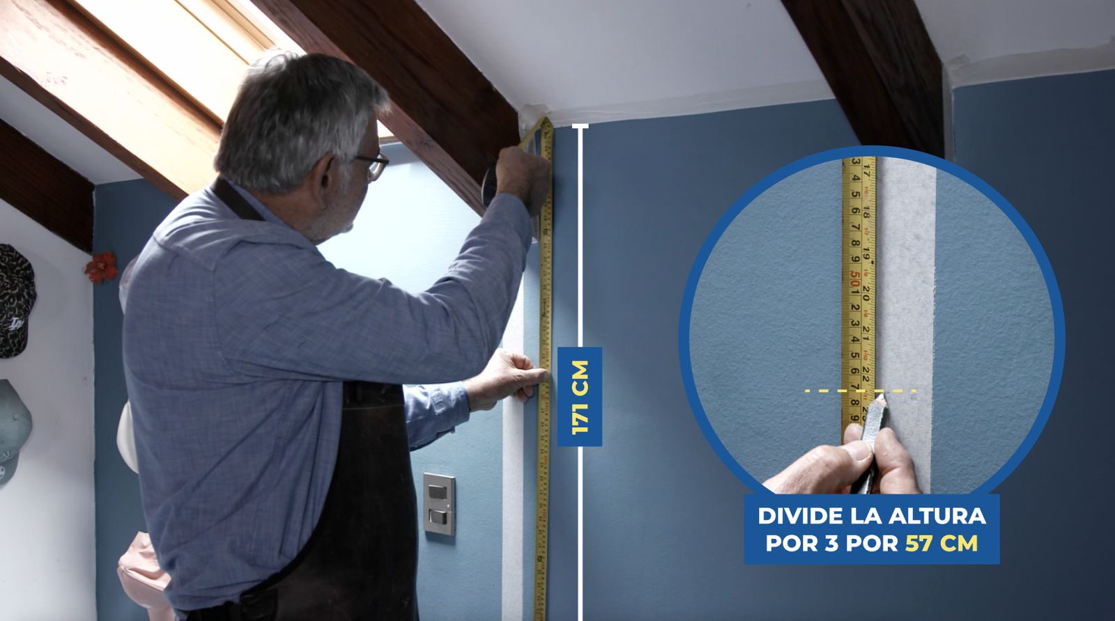 Una persona midiendo la altura de la pared para el mural decorativo